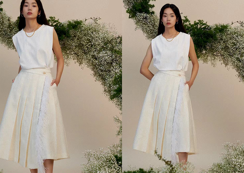 羊毛花织羽毛百褶裙