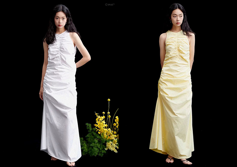 无袖褶皱浪漫长款连衣裙