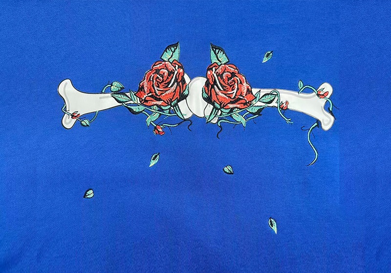 平绣刺绣+丝网印花工艺图案