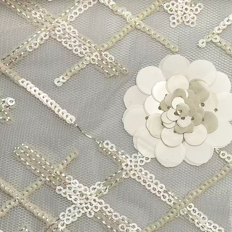 珠片格纹立体珠片花骨朵网纱面料