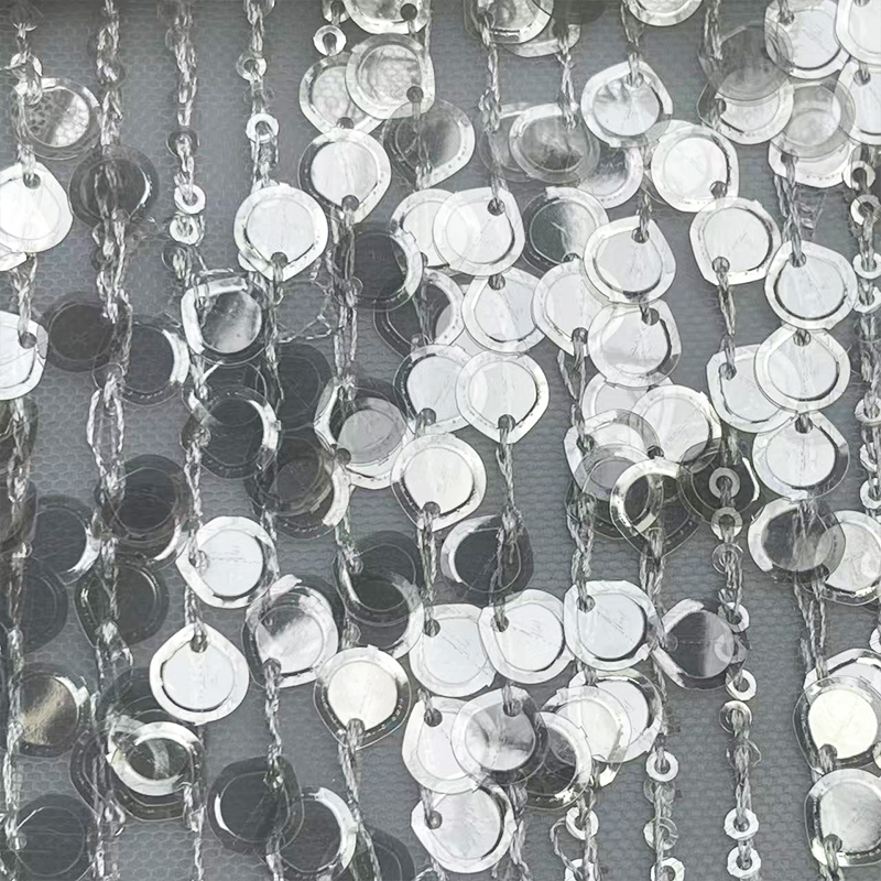 条纹大小珠片绣网纱面料